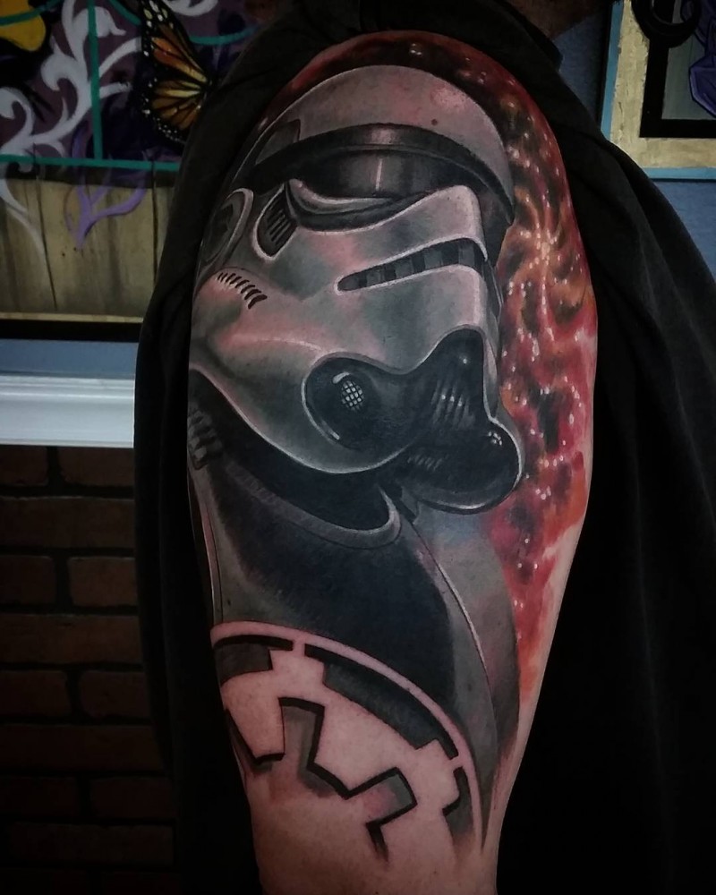 3D style incredible looking shoulder tattoo of Storm trooper
