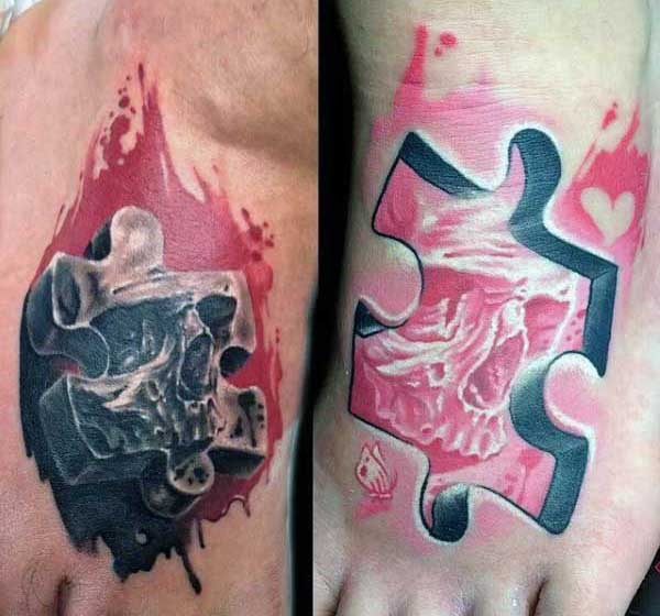 3D style interesting looking colored puzzle pice tattoo on foot stylized with human skull