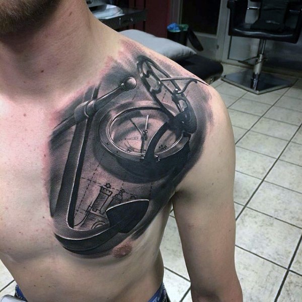 3D style marvelous looking chest tattoo of big anchor with compass