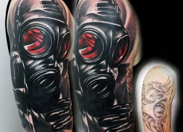 3D style mystical shoulder tattoo of detailed gas mask