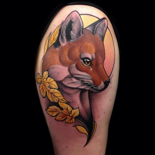 3D style natural looking cute fox tattoo on shoulder combined with little leaves