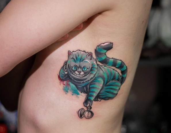3D style natural looking funny fantasy cat tattoo on side with old clock