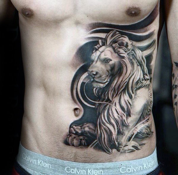 Estilo 3D bom olhando barriga tatuagem da estátua do leão de pedra