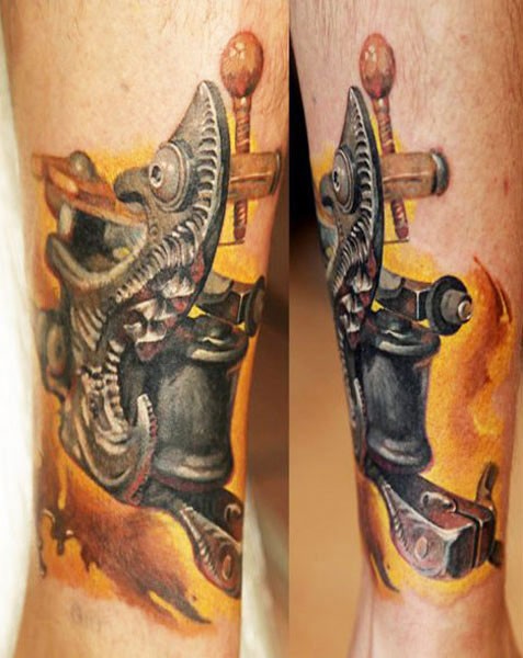 3D Stil gut aussehendes Bein Tattoo mit der alten Tattoo-Maschine