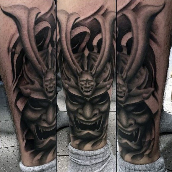 3D style painted and colored demonic samurai helmet tattoo on leg