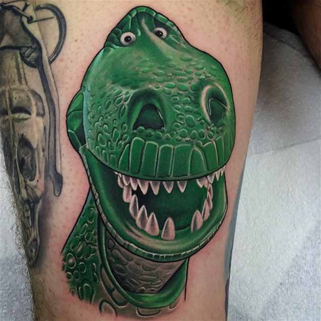 3D style painted and colored funny dinosaur toy tattoo