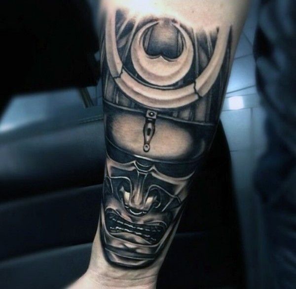 3D style painted black and whited detailed forearm tattoo of samurai warrior helmet