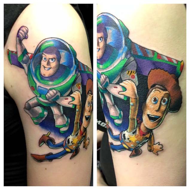 3D style painted colorful shoulder tattoo of Toy Story cowboy and space soldier