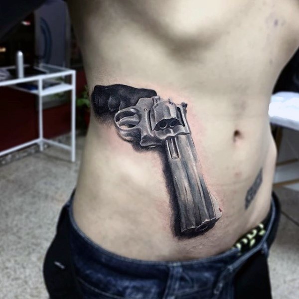 3D style real lifelike colored side tattoo of modern powerful revolver