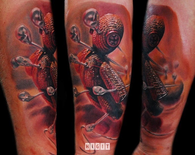 3D style realism style colored forearm tattoo of voodoo doll