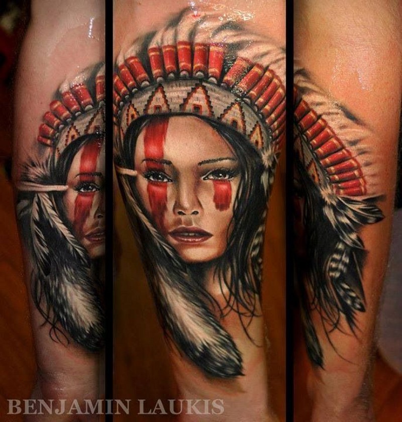 3D style realistic looking colored forearm tattoo of beautiful Indian woman