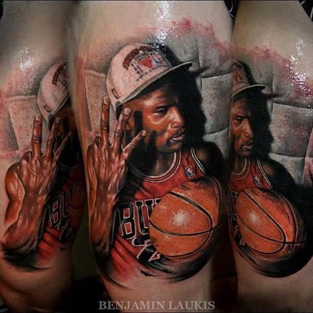 3D style realistic looking Michael Jordan tattoo on shoulder