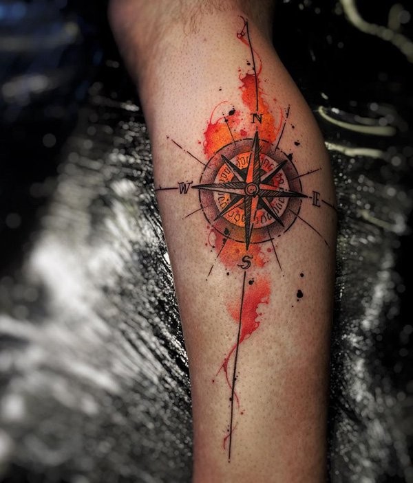 3D style realistic looking nautical compass tattoo on leg