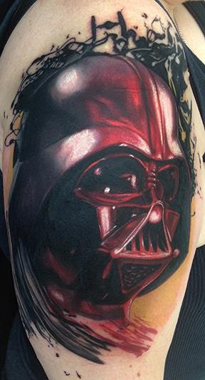 3D style shoulder tattoo of Darth Vader helmet