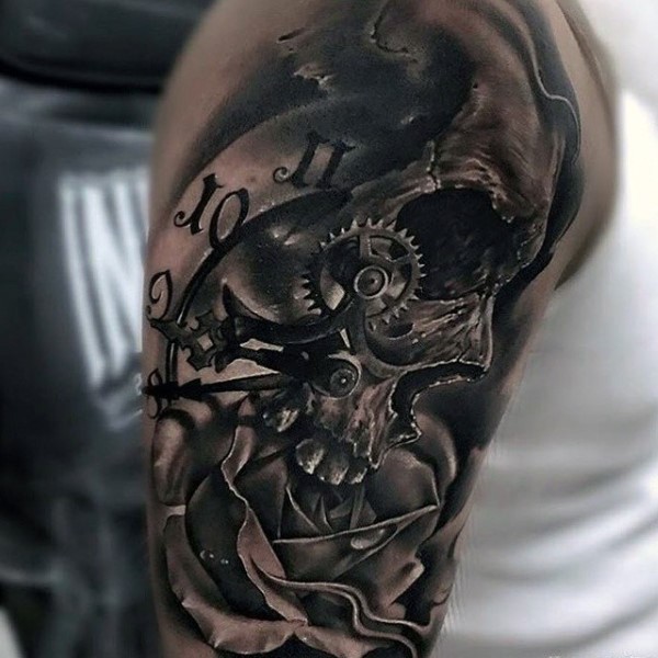 3D style spectacular looking shoulder tattoo of human skull combined with mechanical clock