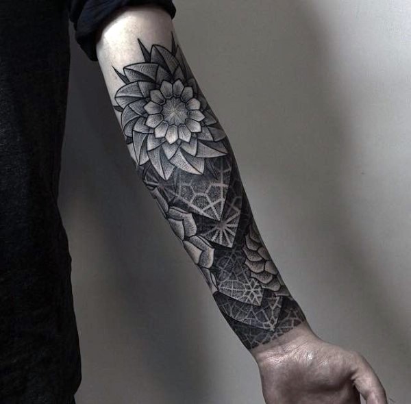 3D style very beautiful black ink forearm tattoo of tribal flowers
