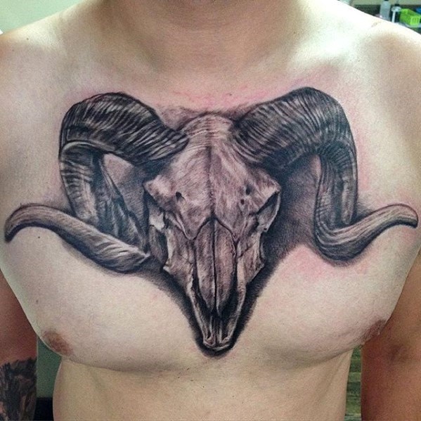 3D style very beautiful chest tattoo of large animal skull