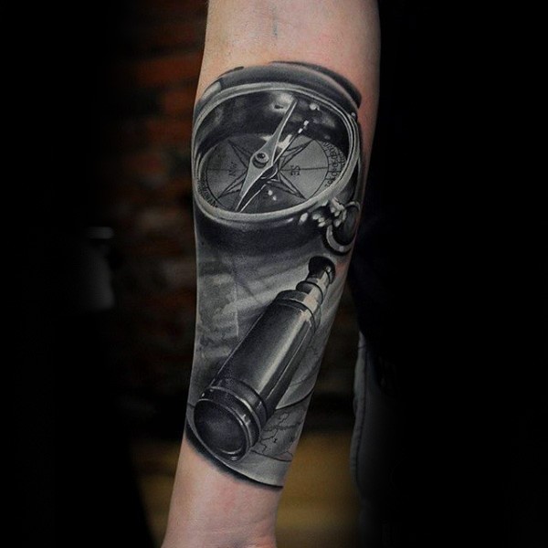 3D style very beautiful forearm tattoo of old compass and scope