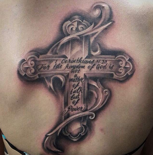 3D style very detailed antic like on back tattoo of medieval cross with ...