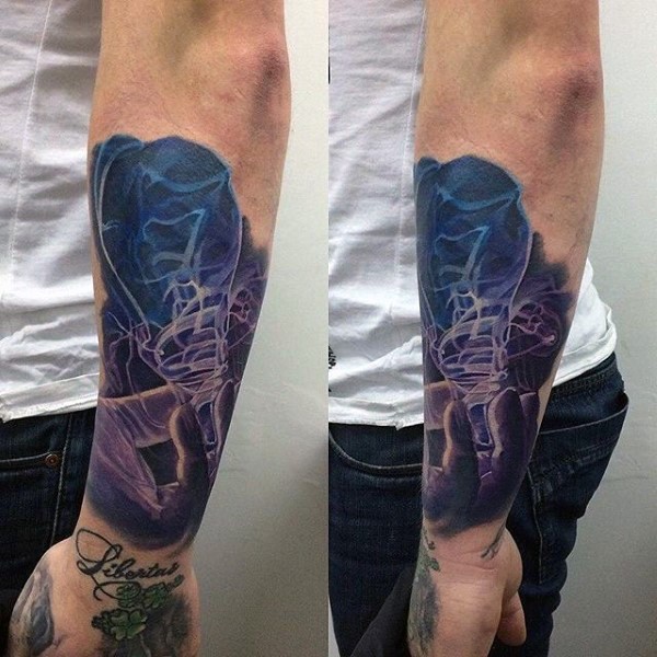 3D style very detailed arm tattoo of human hand with smoke