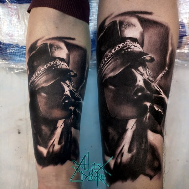 3D style very detailed arm tattoo of sexy smoking woman with helmet