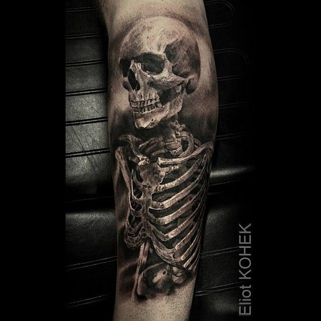 3D style very detailed by Eliot Kohek tattoo of human skeleton