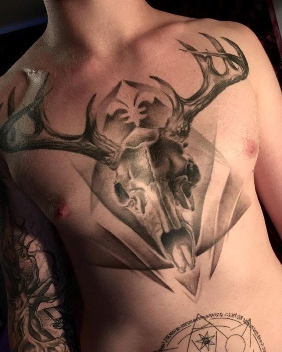 3D style very detailed chest tattoo fo animal skull