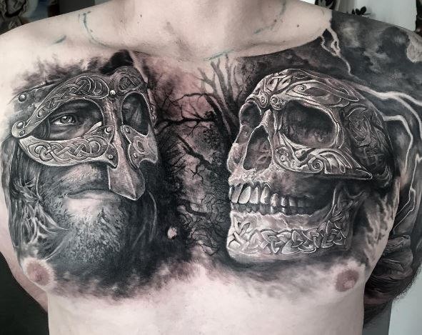 3D style very detailed chest tattoo of human skull with medieval warrior