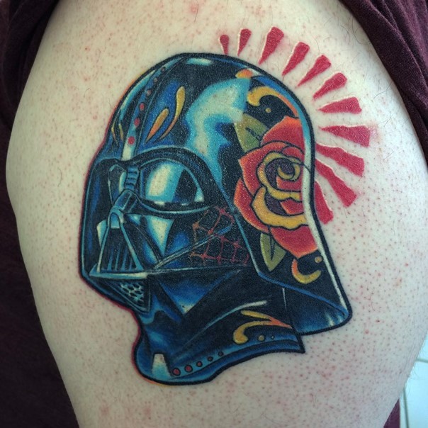 3D style very detailed cool Darth Vaders helmet shoulder tattoo stylized with flower