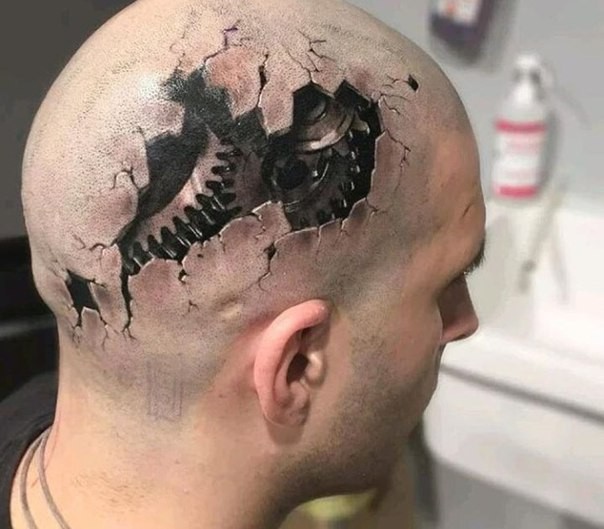 3D style very detailed head tattoo of various mechanisms