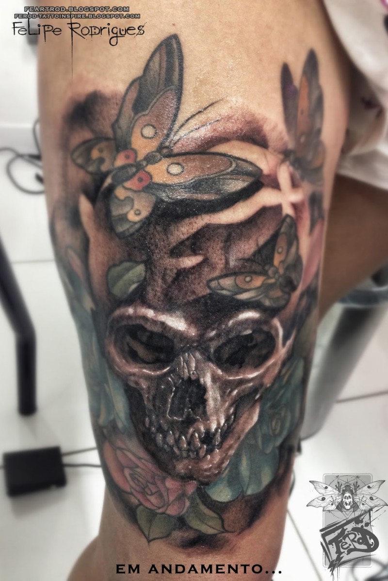 3D style very detailed human skull with butterflies tattoo on arm