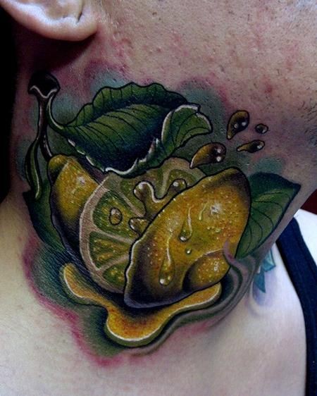 3D style very detailed neck tattoo of ripped lemon with leaves