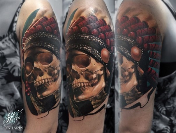 3D style very detailed shoulder tattoo of Indian skull with feather helmet