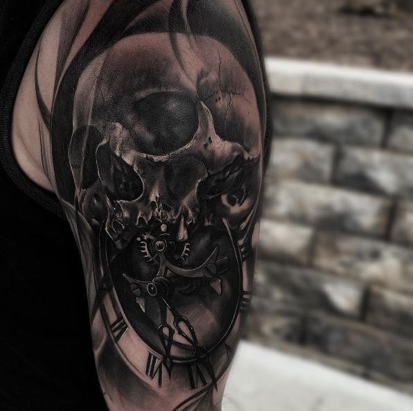 3D style very detailed shoulder tattoo of human skull with clock