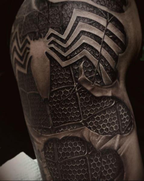 3D style very detailed shoulder tattoo of spider man suit