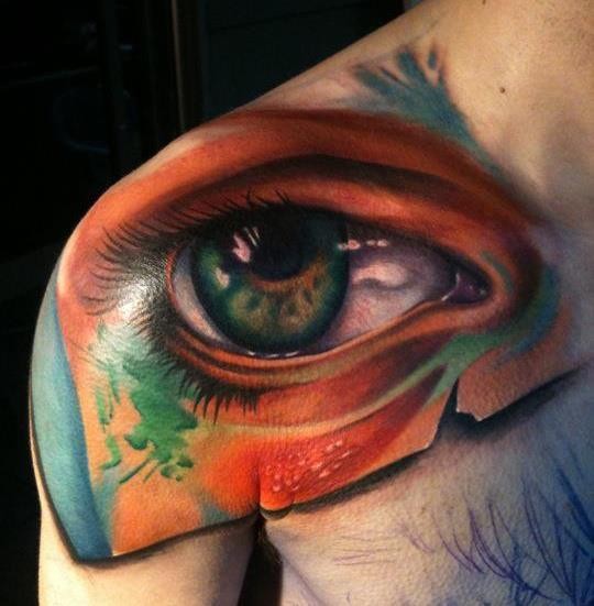 3D style very detailed shoulder tattoo of creepy human eye