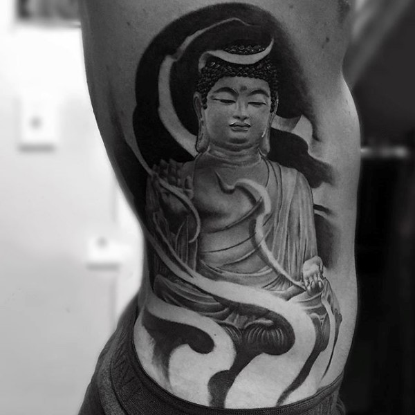 3D style very detailed side tattoo of large Buddha statue