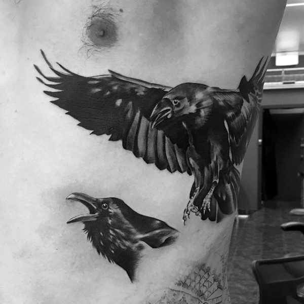 3D style very detailed side tattoo of flying crow