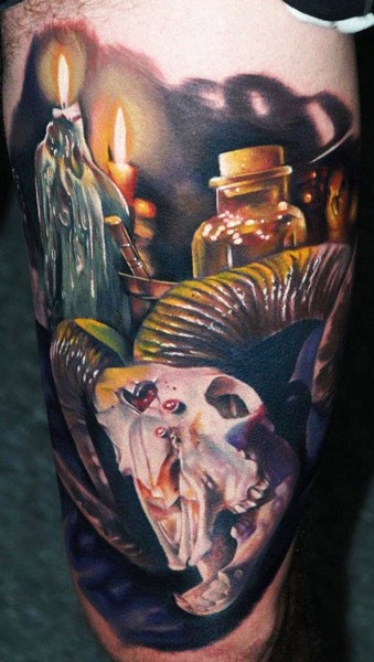 3D style very detailed tattoo of goat skull with candle and bottle