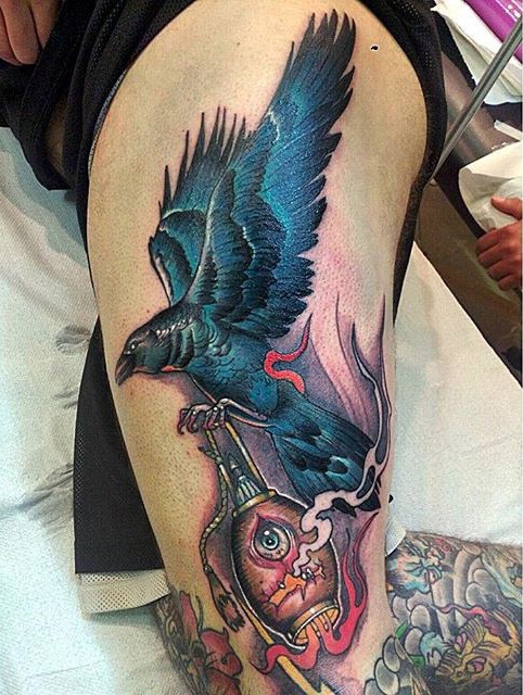 3D style very realistic looking colored crow tattoo with mystical lighter