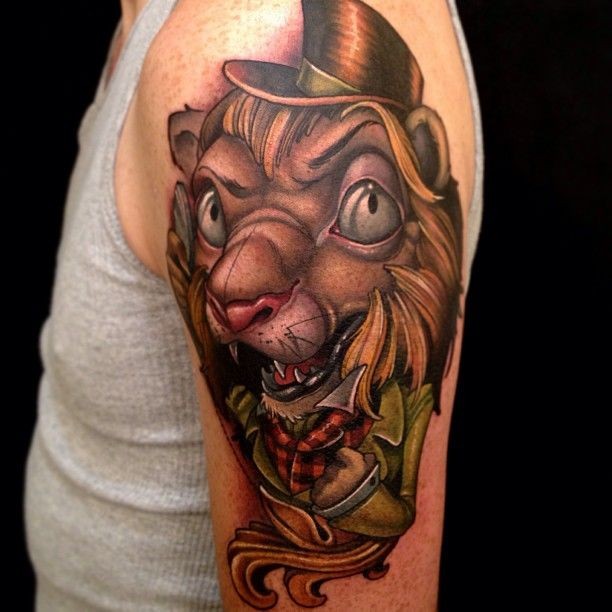 3D style wonderful colored shoulder tattoo of gentleman lion
