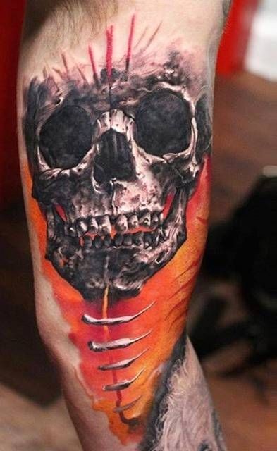 3D very detailed big mystical skull tattoo on sleeve with bones