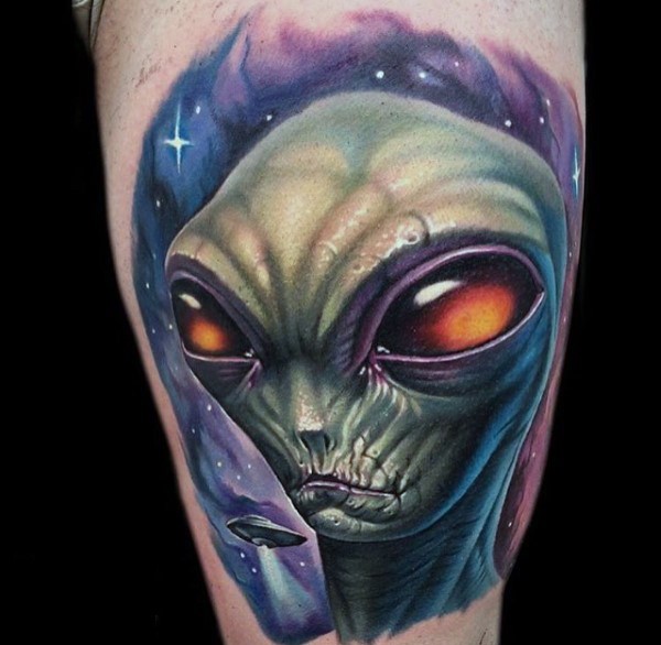 3D very detailed colored alien portrait in space tattoo on thigh