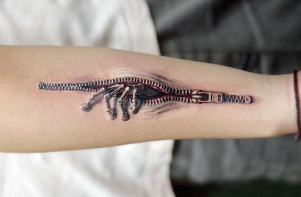 3D very detailed colored forearm tattoo of zipper with skeleton hand