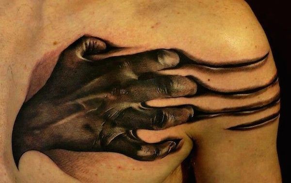 3D very detailed colored zombie hand tattoo on chest and shoulder