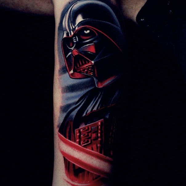 3D very detailed colorful arm tattoo of Darth Vader