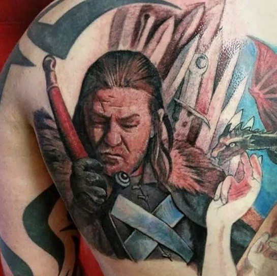 3D very detailed Game of Thrones king portrait tattoo on back with dragon