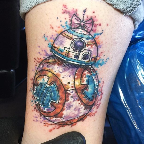 3D very detailed girl like colored watercolor leg tattoo of new droid