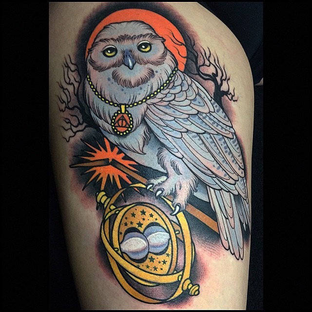 3D very detailed mystic owl tattoo on thigh stylized with interesting mechanism