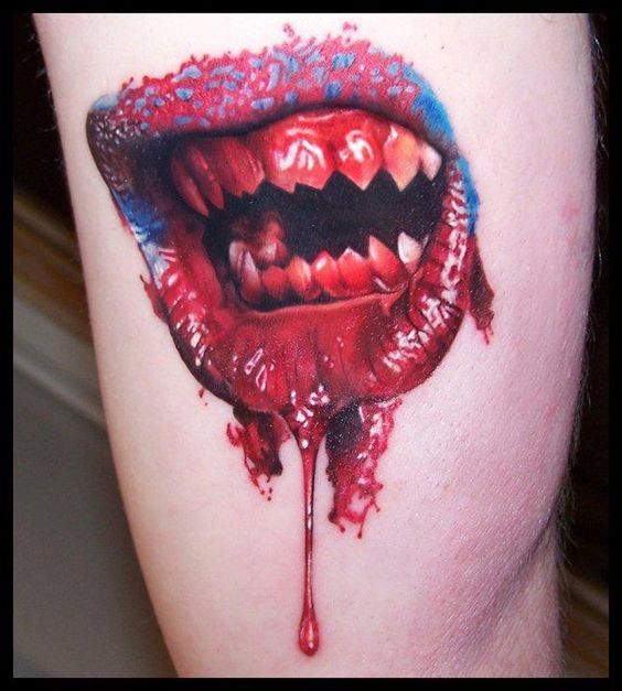 3D very detailed natural looking bloody vampire mouth tattoo